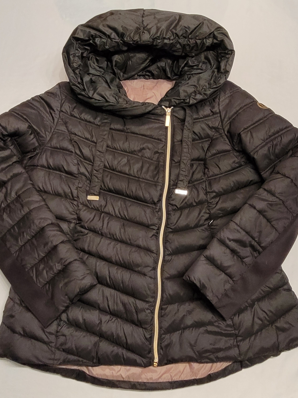 Laundry Shelli Segal Black Puffer Jacket Hooded Gold Zip XL